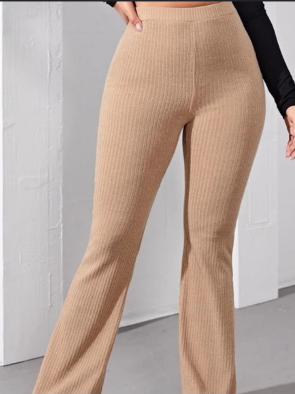 Xhiliration Flare Ribbed Pants Small Beige